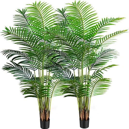 Worth Garden 6ft Artificial Areca Palm Plant 2 Packs in Pot, Fake Cane Palm Silk Tree Indoor Outdoor, Dypsis Lutescens, 70in Lifelike Faux Silk Plant Home Decor, Black Pot & 20g Dried Moss Included