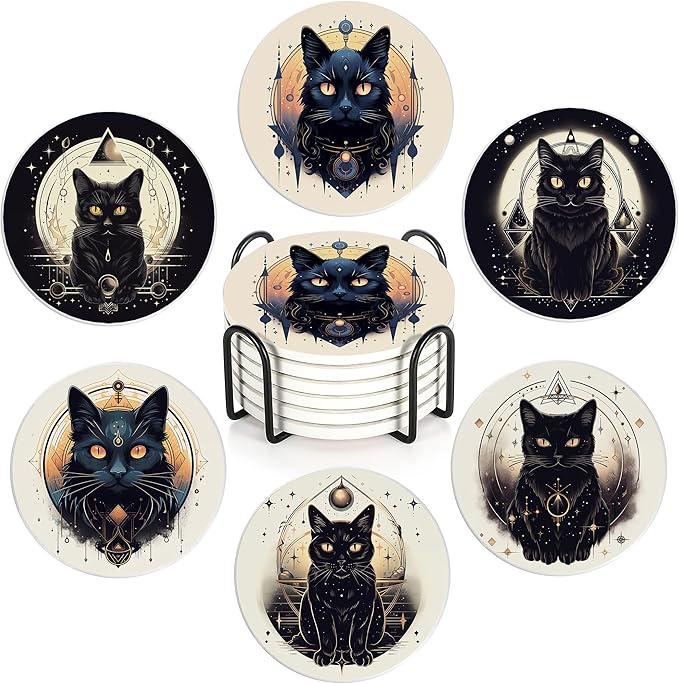 Drink Coasters Set of 6 with Holder, Black Cat Absorbent Ceramic Coasters with Cork Base,Fit All Cups,Great Gift for Housewarming,Room Decor,Bar,Holiday Party