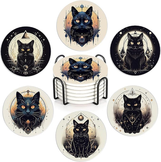 Drink Coasters Set of 6 with Holder, Black Cat Absorbent Ceramic Coasters with Cork Base,Fit All Cups,Great Gift for Housewarming,Room Decor,Bar,Holiday Party