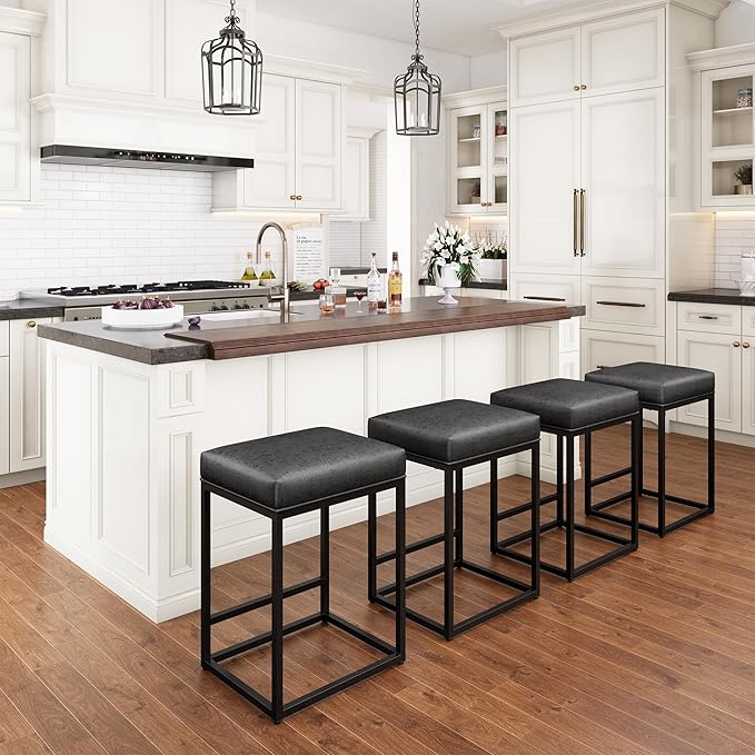 PHI VILLA Black Leather Counter Height Chairs, Barstools Set of 4, 24 inch Backless Bar stools for Kitchen Island