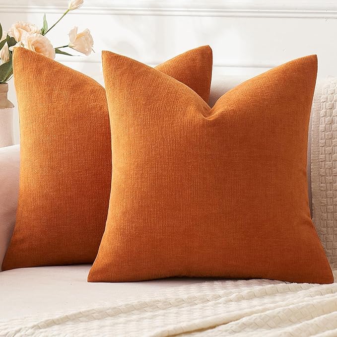 MIULEE Orange Couch Pillow Covers 22x22 Inch, Set of 2 Soft Chenille Fall Decorative Square Throw Pillow Covers Farmhouse for Sofa Living Room Bed