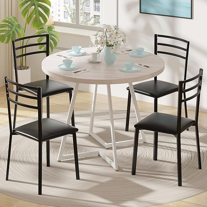 VECELO 35" Round Dining Table for 4, Wood-Grain Tabletop & Heavy-Duty Steel Frame, for Kitchen, Living Room, Easy Assembly, Natural & White