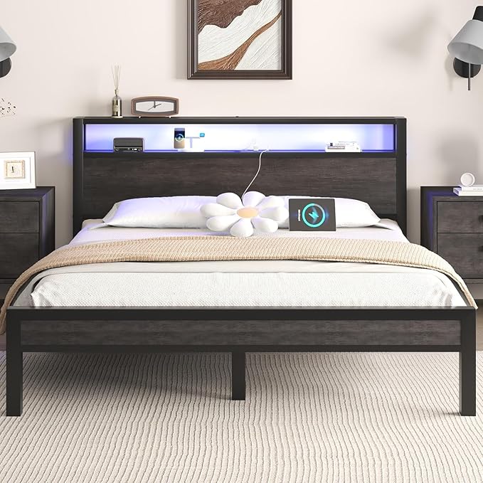 Queen Size Bed Frame with Storage Headboard and LED Lights, Industrial Platform Bed with Charging Station, Heavy Duty Metal Slats, No Box Spring Need, Noise Freee, Grey