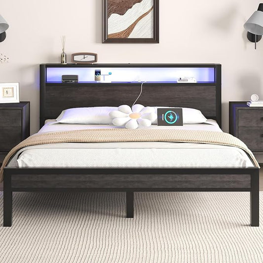Queen Size Bed Frame with Storage Headboard and LED Lights, Industrial Platform Bed with Charging Station, Heavy Duty Metal Slats, No Box Spring Need, Noise Freee, Grey