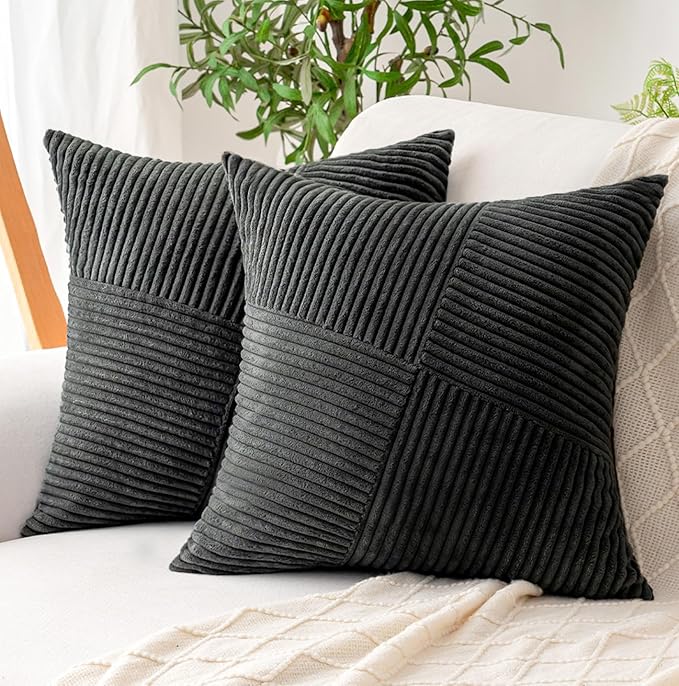 Decorative Throw Pillow Covers 20x20 Inch Set of 2 for Boho Living Room Farmhouse Home Decor, Spring Pillow Covers for Couch Bed, Soft Corduroy Striped Patchwork Cushion Cases, Dark Gray