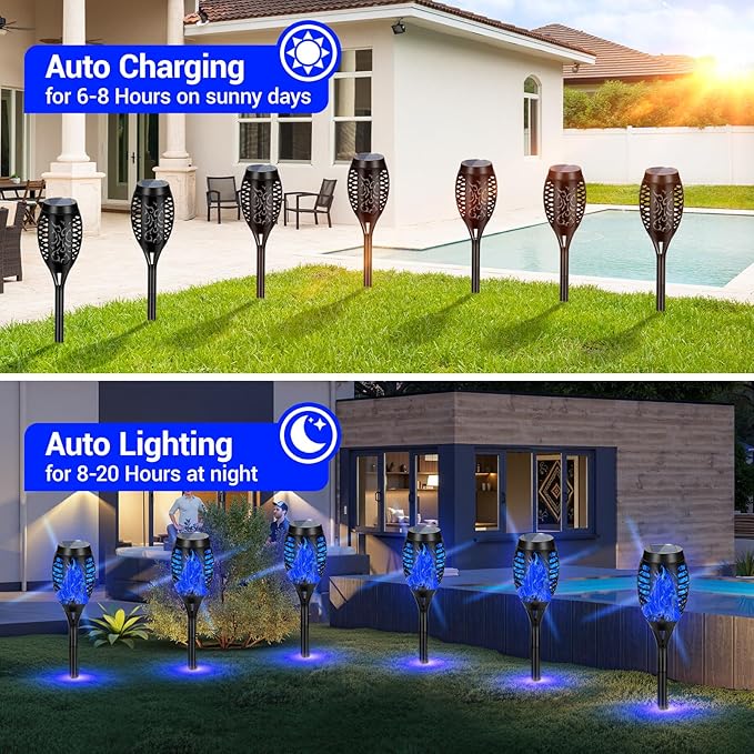 Solar Lights Outdoor, Upgraded 16 Pack Blue Solar Torch Light with Flickering Flame for Garden Decor, Waterproof Outdoor Lights Solar Powered, Tiki Torches for Outside Yard Patio Pathway Decor