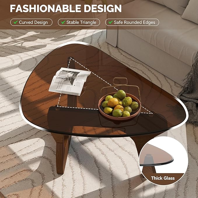 Modern Glass Coffee Table, Triangle Center Table with Tempered Glass Top& Unique Wooden Base, 42.5” Mid Century Tea Tables for Living Room, Apartment, Office,Walnut & Brown
