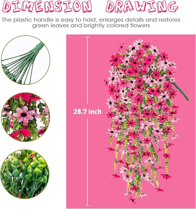 Fake Artificial Hanging Flowers for Outdoors Fake Plants Decoration, 2 Bundles Faux Silk Colorful Daisy Eucalyptus Realistic UV Resistant for Outside Home Planter Porch Patio Yard Decor(Rose Pink)