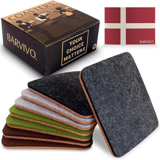 Barvivo Classic Felt Coasters for Drinks - Set of 8 Cork Coasters with Felt Side for Indoor & Outdoor Tabletop Protection, Anti Slip, Absorbent, Suitable for Drinks & All Table Types - Classic Design