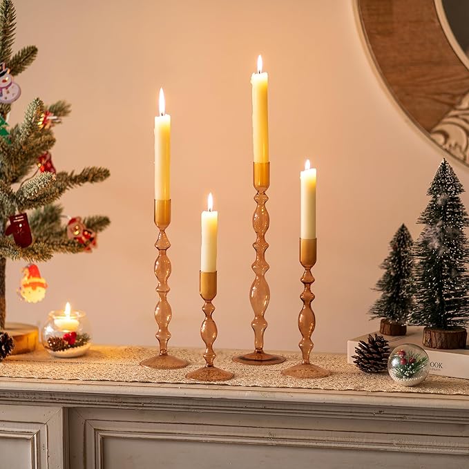 Glasseam Amber Taper Candle Holders: Set of 4 Decorative Modern Candle Sticks Holder Decor Tall Candlestick Holders for Table Fall Centerpiece Dining Thanksgiving Halloween