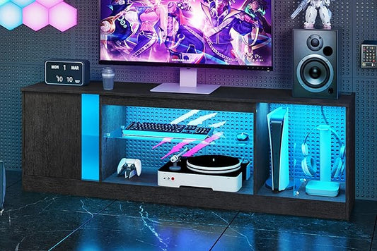 TV Stand with Power Outlets to 63 65 70inch TV, Modern Entertainment Center with Multi-Color LED Light, Media TV Console with Adjustable Glass Shelves for Living Room, Bedroom, Black MDS03UDBB