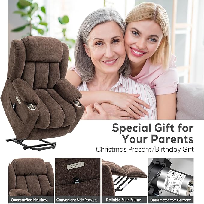 Power Lift Recliner Chair, 350lb Capacity with 8-Point Massage & Heating, USB/Type-C Ports & Cup Holders, Heavy Duty Chenille Recliner for Elderly, Brown