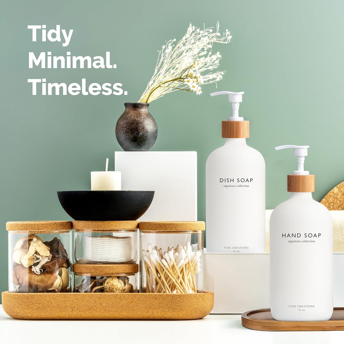 Vine Creations White Glass Soap Dispenser Set, Hand Soap and Dish Soap Dispenser Set with Bamboo Tray, 16 oz Glass Dispensers Bottle for Kitchen and Bathroom Decor Modern Boho with Bamboo Pump (White)