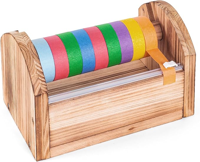 Wooden Masking Tape Dispenser for Kids - Colored Masking & Washi Tape Holder with Sliding Cutter, Multi Roll Craft Tape Dispenser Organizer for Children Gift Wrapping (Slide Cutter)