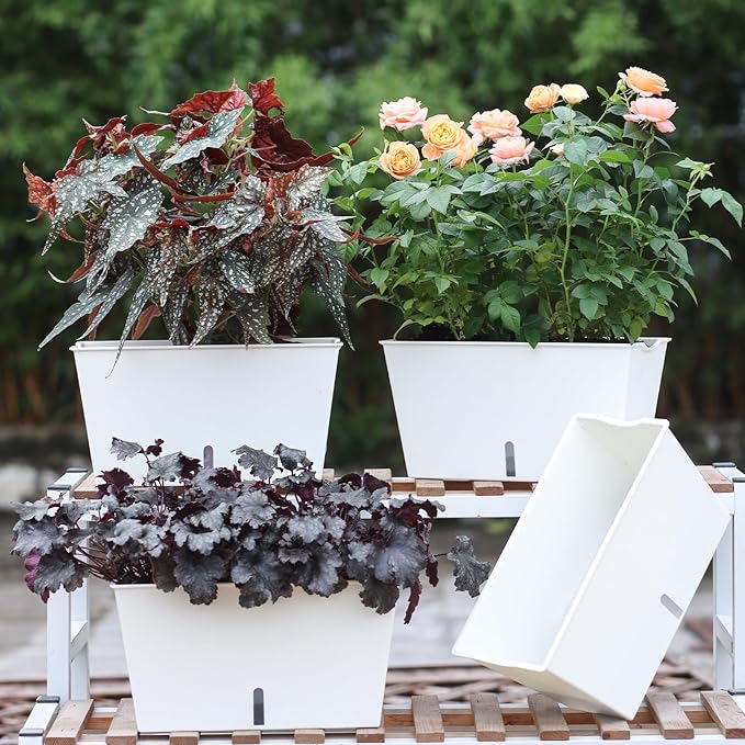 Window Box Planter 6 Pcs, 12.1 Inches Self Watering Plant Pots Rectangle Flower Pots with Drainage Holes and Breathable Trays, Vegetable Planters for Windowsill Patio Garden Balcony Porch Yard (White)