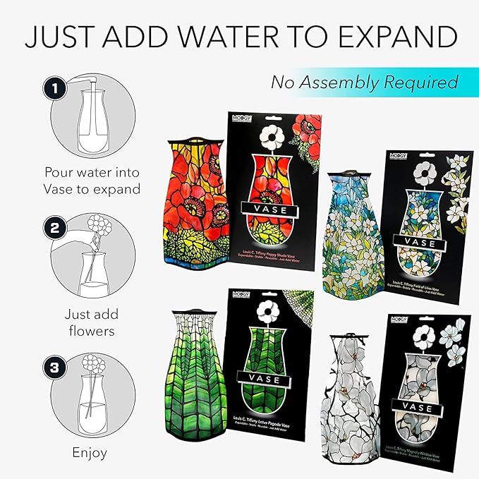 MODGY Expandable Flower Vase Set, Plastic Decorative Modern Foldable Printed Vases for Centerpieces for Wedding, Dining Table, Home Decor, Living Room, Bathroom, Office, Louis C. Tiffany, 4 Pack