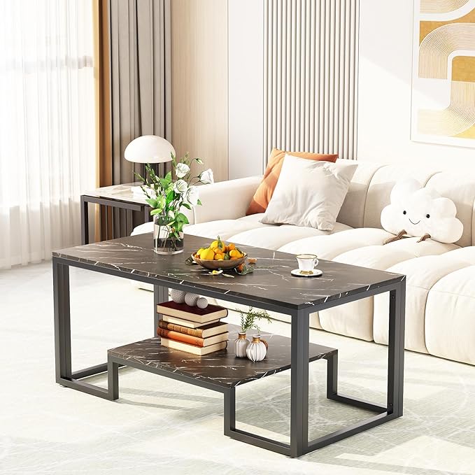 Coffee Table Black Table for Living Room,2 Tiers Rectangle Center Table with Sturdy Metal Frame,Modern Black Faux Marble Coffee Table for Bedroom Home Office