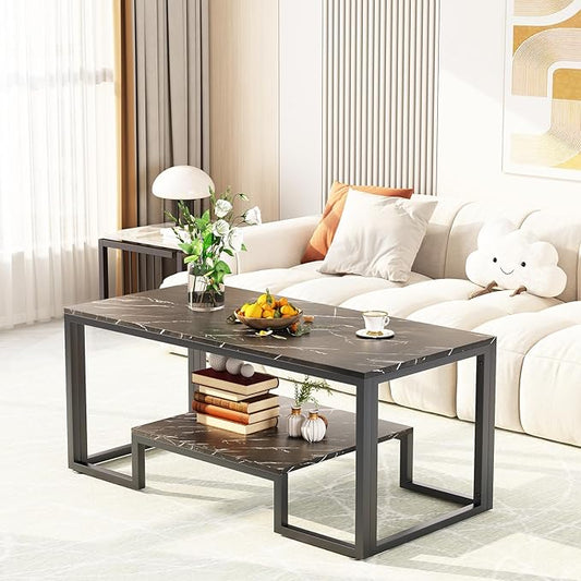 Coffee Table Black Table for Living Room,2 Tiers Rectangle Center Table with Sturdy Metal Frame,Modern Black Faux Marble Coffee Table for Bedroom Home Office