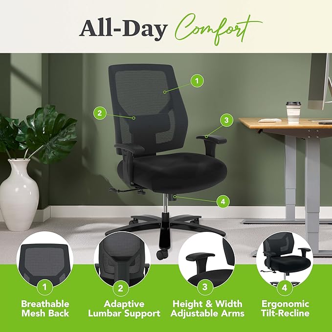 HON Crio Big and Tall Office Chair, 450lbs Weight Capacity, Extra Wide Ergonomic Desk Chair, Heavy Duty Tilt Recline, Swivel Wheels, Comfortable for Long Hours