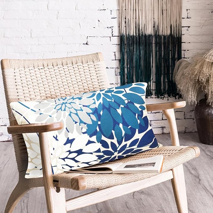 Blue Decorative Throw Pillow Covers 12x20 Inch Pillow Covers for Couch Living Room Bedroom Car Outdoor.Modern Sofa Throw Pillow Cover.Farmhouse Geometric Floral Linen Square Pillow Case.Set of 2