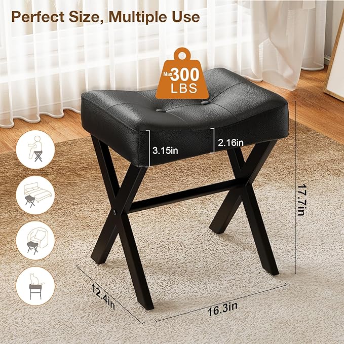 18-Inch Leather Vanity Stool Chair, Vanity Bench with Metal X-Leg, Ottoman Accent Stool with Thick Padded Saddle Seat, Black