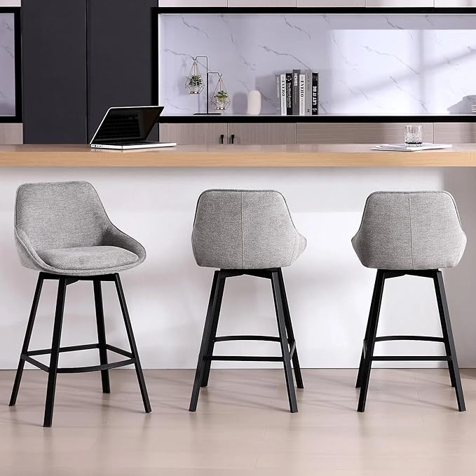 Zesthouse Swivel Bar Stools Set of 3, Modern Counter Height Barstools with Backs, 26'' Upholstered Linen Fabric High Chairs for Island Kitchen, Counter Height Chairs with Metal Legs, Grey