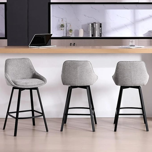 Zesthouse Swivel Bar Stools Set of 3, Modern Counter Height Barstools with Backs, 26'' Upholstered Linen Fabric High Chairs for Island Kitchen, Counter Height Chairs with Metal Legs, Grey