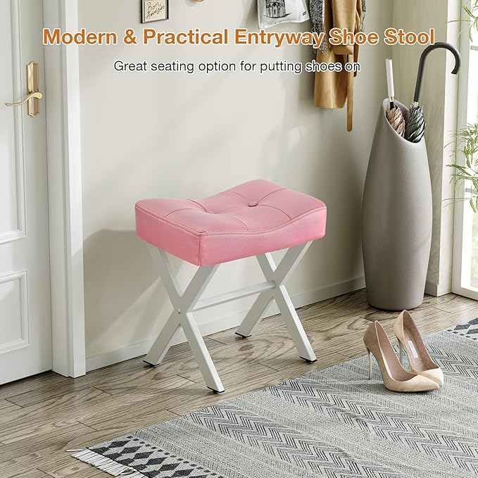 18-Inch Leather Vanity Stool Chair, Vanity Bench with Metal X-Leg, Ottoman Accent Stool with Thick Padded Saddle Seat, Pink