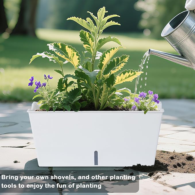 Window Box Planter 6 Pcs, 16.5 Inches Self Watering Rectangle Flower Plant Pots with Drainage Holes Trays, Vegetable Planters for Windowsill Patio Garden Balcony Porch Yard (White)