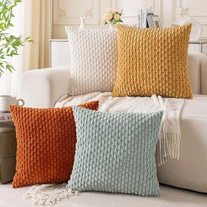Set of 4 Yellow Rust Aqua Decorative Throw Pillow Covers 20x20 Inch Corduroy Pillow Covers for Bed Couch Sofa Living Room Soft Square Cushion Cases