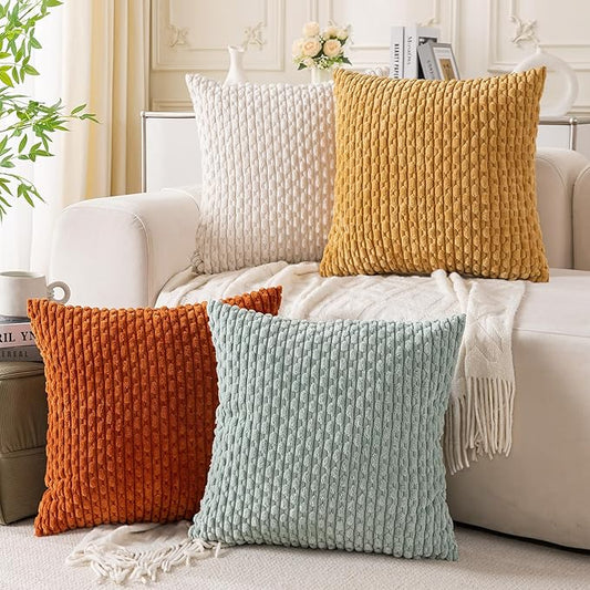 Set of 4 Yellow Rust Aqua Decorative Throw Pillow Covers 24x24 Inch Corduroy Pillow Covers for Bed Couch Sofa Living Room Soft Square Cushion Cases