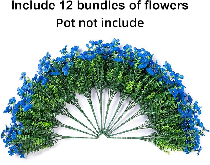 Artificial Flowers for Outdoor Indoor Garden Home Decoration, Faux Flower Daisy with Eucalyptus Leaves Fake Plants Greenery Boxwood Porch Patio, 12 Bundles (Blue)