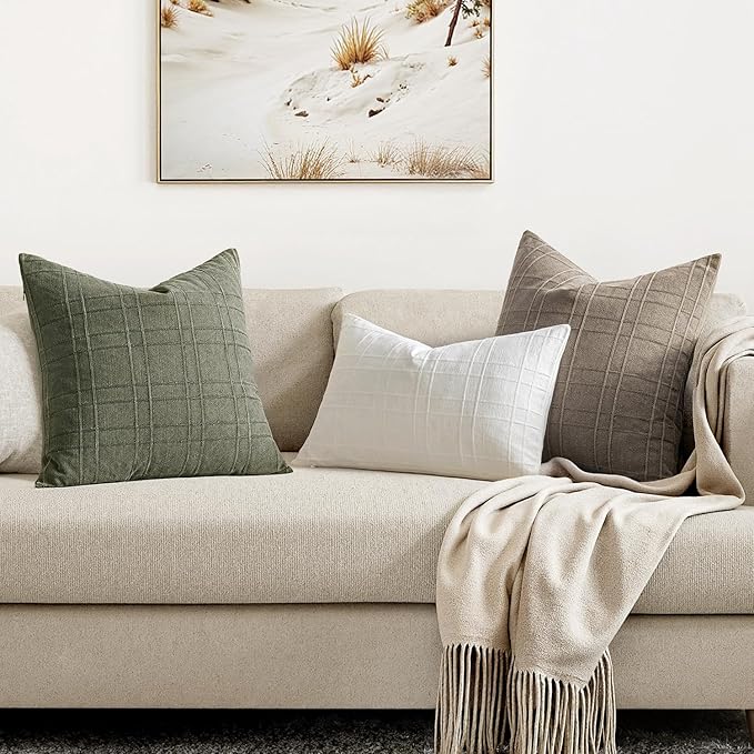 MIULEE Decorative Linen Check Throw Pillow Covers Neutral Farmhouse Vintage Pillow Covers 18x18 Set of 2 Boho Modern Home Decor for Sofa Couch Bedroom Cushion Olive Green