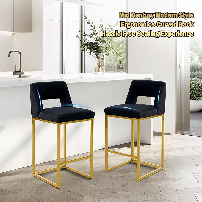 Black and Gold Counter Height Bar Stools Set of 4 for Kitchen Counter Modern Bar Chairs with Backs for Kitchen Island with Upholstered Fabric Seat and Metal Frame, 26 Inch