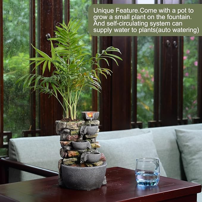 Indoor Fountain 4-Bowl Rockery Soothing Sound Tabletop Fountains Home/Office Decor Gift for Mom,Mother Day Present with A Small Plastic Pot to Grow Plant/Hebs by Yourself (Automatic Watering)