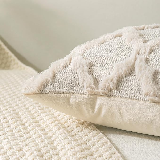 Set of 2 Soft Moroccan Throw Pillow Covers 12x20 Inch Plush Boho Decorative Pillow Cover Accent Cushion Case for Couch Sofa Bed, Beige