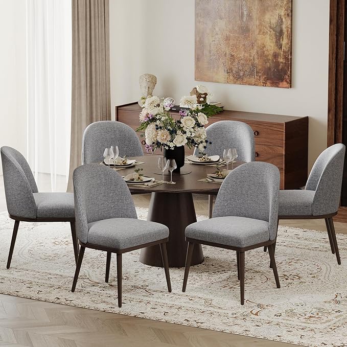 COLAMY Upholstered Dining Chairs Set of 6, Large Dining Room Kitchen Chairs with High Back and Deep Seat, Modern Fabric Dinner Chairs with Wood Legs, Dark Grey