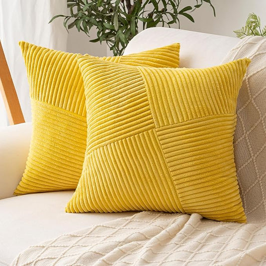 Decorative Throw Pillow Covers 18x18 Inch Set of 2 for Boho Living Room Farmhouse Home Decor, Spring Pillow Covers for Couch Bed, Soft Corduroy Striped Patchwork Cushion Cases, Yellow
