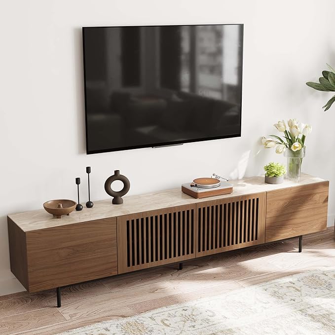 POVISON Mid Century Modern Sintered Stone TV Stand, Slatted Media Console TV Cabinet with Tall-cast Metal Legs, Fluted Entertainment Center with Storage, Fully-Assembled (Walnut, 94.49")