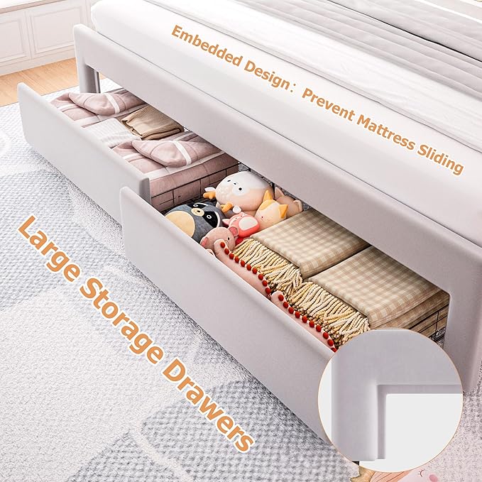 King Upholstered LED Bed Frame with 2 Storage Drawers and Adjustable Chic Double Wavy Headboard, Velvet Princes Platform Bed with Charing Station, Solid Wood Slats Support, No Box Spring Needed, Grey