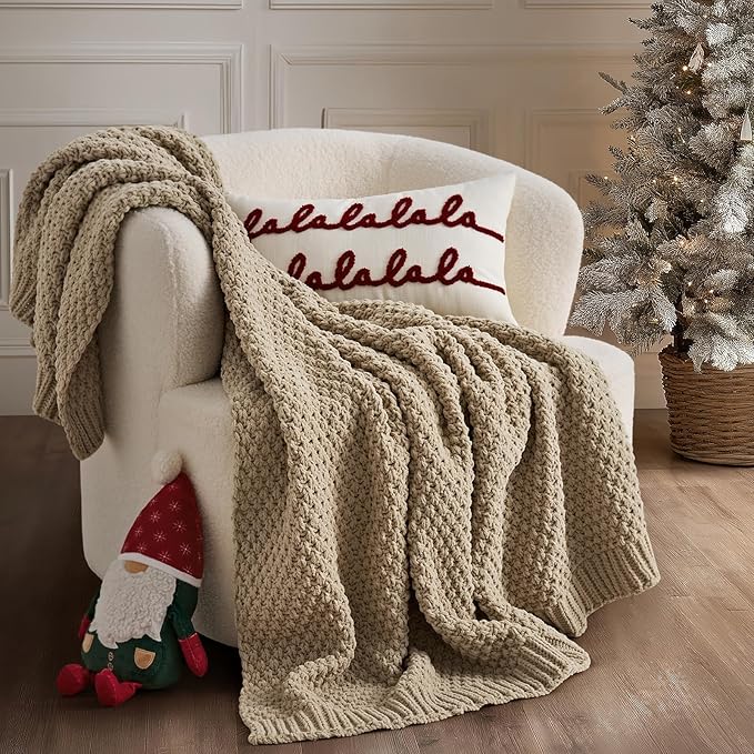 EVERGRACEHOME Chunky Chenille Knit Throw Blanket for Couch, Soft Luxurious Moss Stitch Blankets for Bed, Cozy Decorative Farmhouse Knitted Throws for Sofa, Sand Dune, 50" x 60"