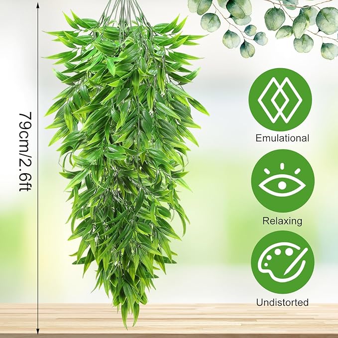 Hoteam 12 Pcs Artificial Hanging Plants 32 Inch Fake Ivy Vines with Fake Leaves Patio Artificial Plants Greenery for Living Room Indoor Outdoor Wall, No Basket (Bamboo Leaf)