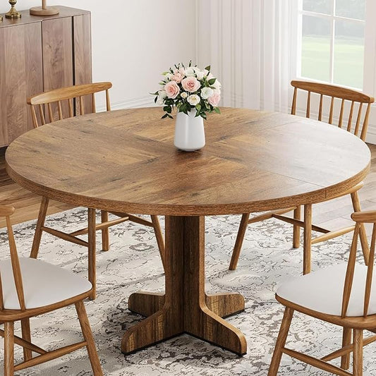 IDEALHOUSE Round Dining Table for 4, 47 Inches Circle Dining Room Table with Wooden Base for Kitchen, Living Room (Table Only), Brown
