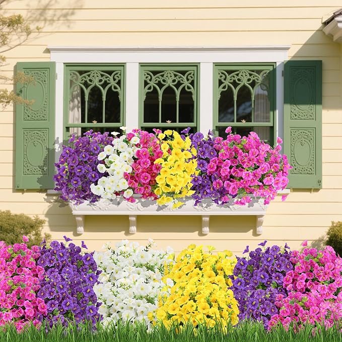 12 Bundles Artificial Flowers for Outdoors Decorations, Fake Flowers Artificial Plants Outdoor, Colorful Faux Morning Glory Eucalyptus Realistic UV Resistant for Garden Patio Porch Home Decor(Mutil1)