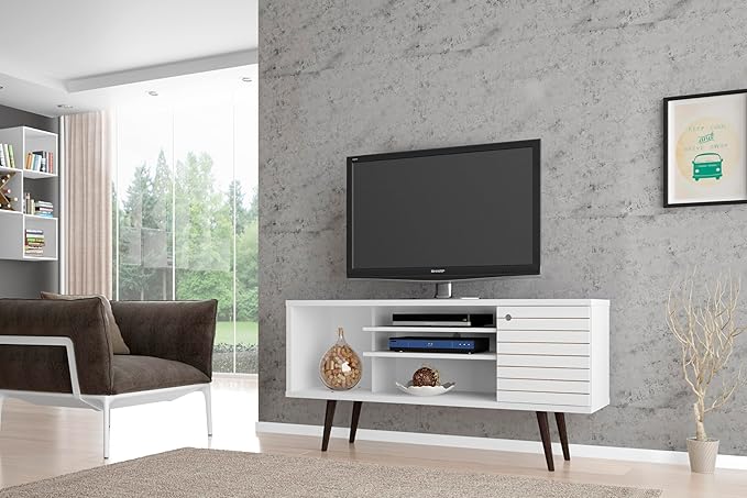 Manhattan Comfort Liberty Mid Century Modern TV Stand for Televisions up to 50 Inches, Bedroom and Living Room Entertainment Center with Storage, Shelves, and Cabinet, 53" Wide, White