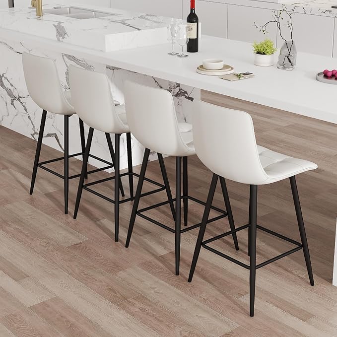 White Barstools Set of 4, 24.4" Counter Height Bar Stools with Back & Metal Footrest, Modern Island Chairs Set of 4 for Kitchens Island Home Bar
