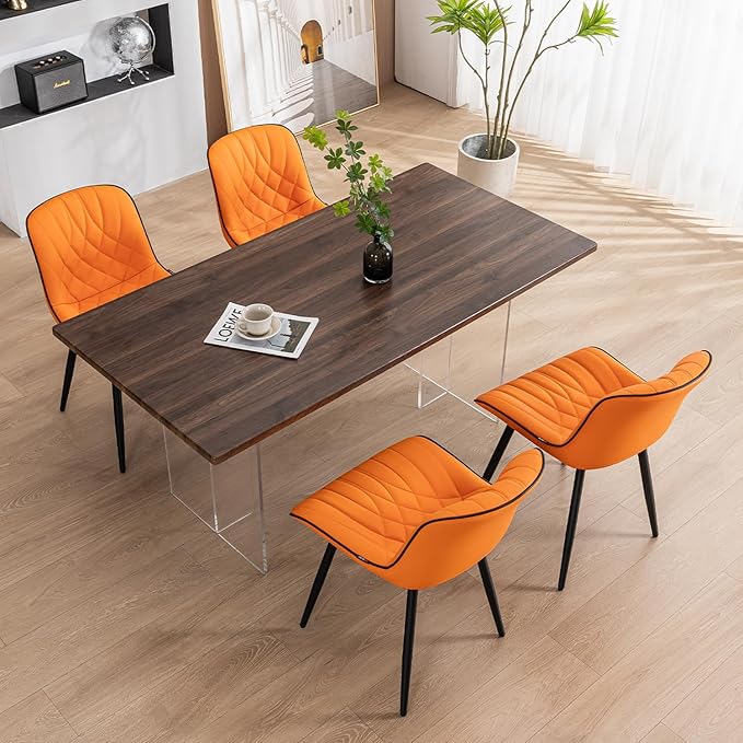 YOUNUOKE Dining Chairs Set of 2 Mid Century Modern Kitchen Chair Comfortable Upholstered Faux Leather Dinner Chairs for Kitchen Dining Room, Orange