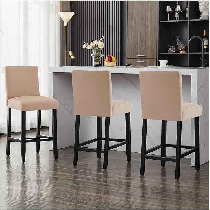 26'' Faux Leather Bar Stools Set of 4, Modern Upholstered Bar Chairs with Back, Soild Wood Legs Barstools for Kitchen Island, Light Brown