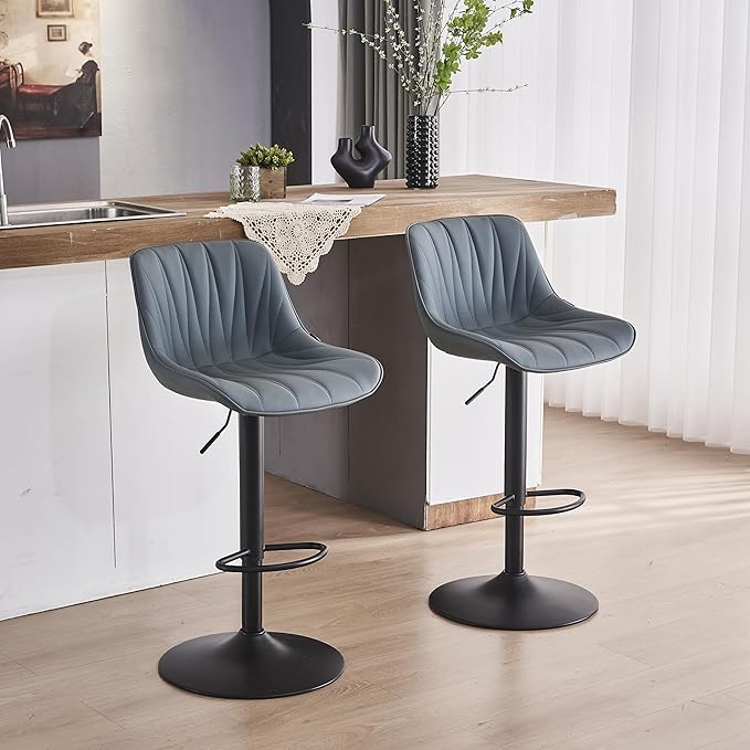 YOUNIKE Bar Stools Set of 2 for Kitchen Island, Greyblue Swivel Tall Barstools, Adjustable Bar Stool with Back, Leather Padded Bar Chairs, Modern Counter Height Stools with 300LBS Support