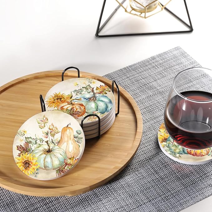 Fall Drink Absorbent Coasters with Holder Set of 6, Ceramic Stone with Cork Base, Watercolor Vintage Orange Pumpkin and Sunflowers Coaster for Drinks, Gift for Housewarming Room Bar Home Decor Kitchen